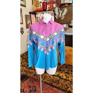 L vintage 90s pink and blue western shirt
